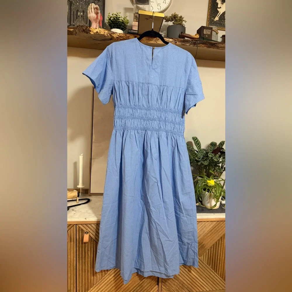 NWOT ICHI Light Blue Gingham Midi Dress with Smocked Waist - Picture 2 of 8